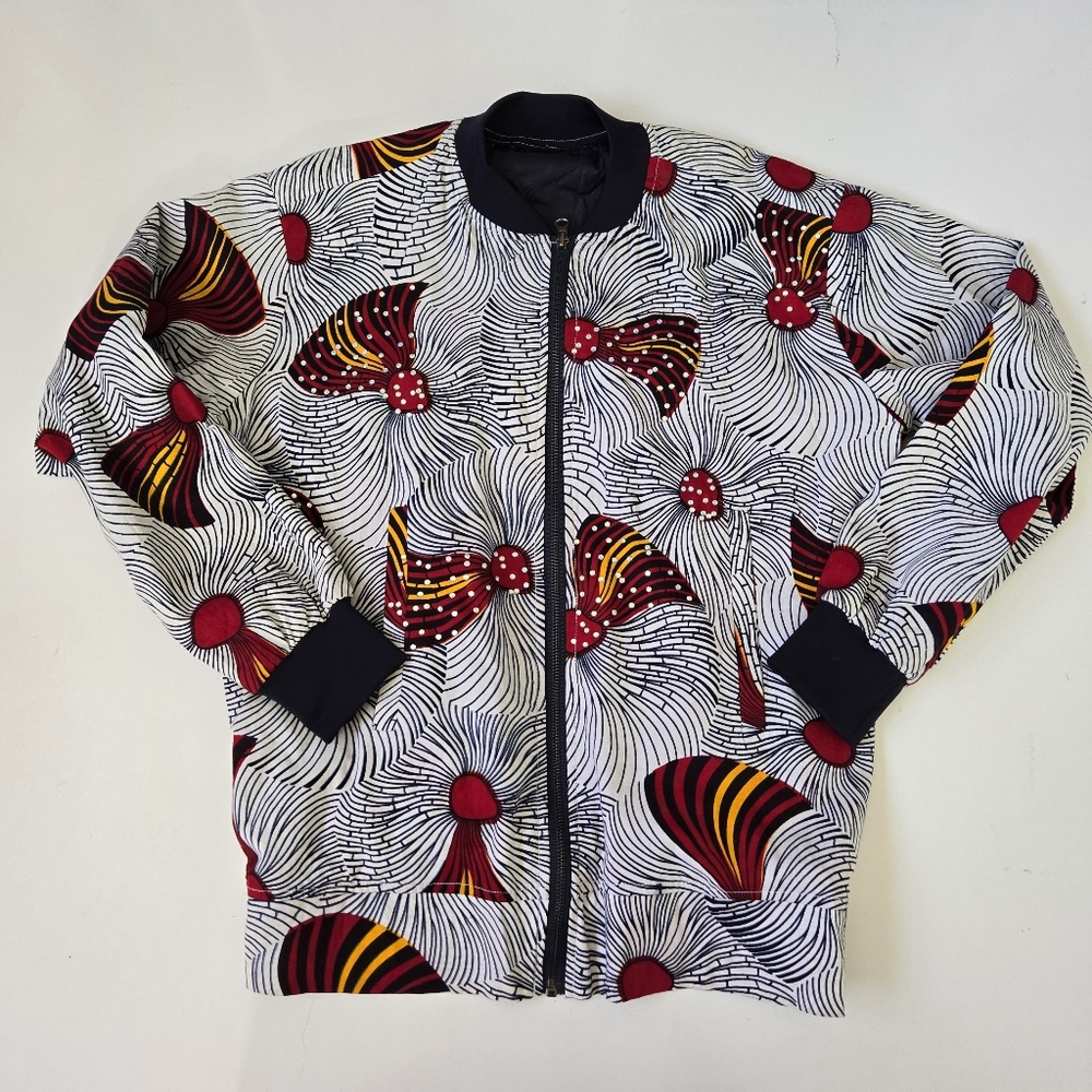 African Wax Print Ankara Jacket‎ Womens XL Bomber White Red Abstract Embellished